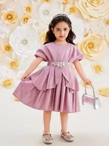 SHEIN Glamorique Kids 少女純色簡約蝴蝶結裝飾禮服 - 粉色 - 查看 6