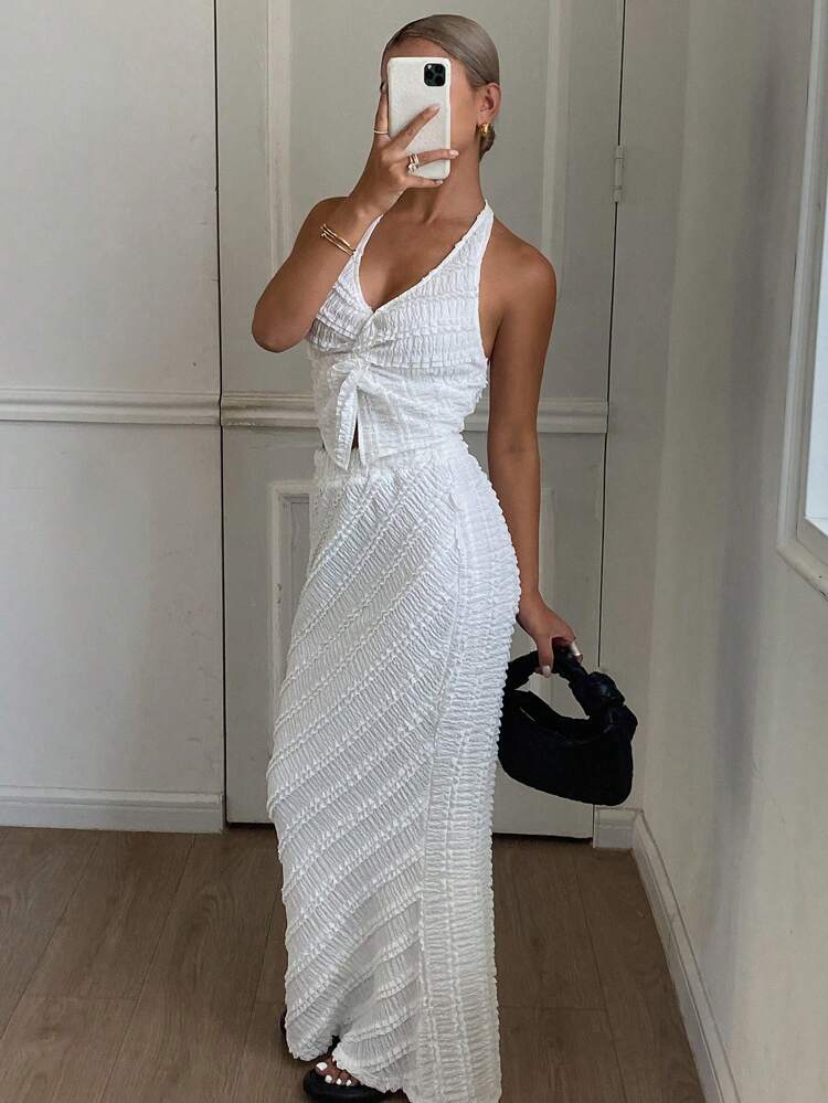 Women's Solid Color Textured Sleeveless Top And Long Midi Skirt, 2 Pieces Outfit Cruise Outfit For Women