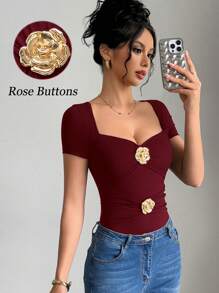 Elenzga 女士性感优雅派对方领玫瑰金属纽扣不对称修身弹力柔软休闲短袖 T 恤 - 酒紅色 - 查看 1