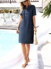 SHEIN Tall Denim Sleeveless V-Neck Front Pocket Dress