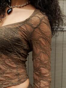 COUREZ Long Sleeve V Neck Going Out Lace Top Y2K Vintage - Grey - View 5