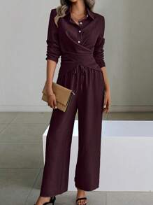 SHEIN Clasi Women 2pcs Set Front Button Long Sleeve Blouse And Pants, Minimalist Style Fall Cloth For Women - Maroon - View 3