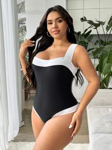 SHEIN Swim Curve Plus Size Women's Black & White Patchwork Sleeveless Minimalist Stylish One-Piece Swimsuit, Casual Holiday For Summer Beach Vacation