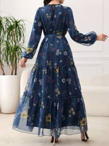 Modelyn 女式长款花卉印花雪纺收腰连衣裙，优雅春夏季 - 藏蓝色 - 查看 2