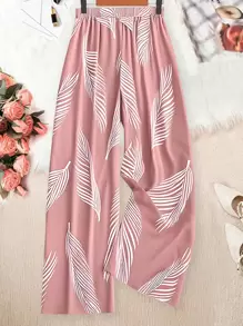 Linhara Pantaloni casual larghi e morbidi con stampa di piante tropicali, di taglia comoda, adatti per le vacanze