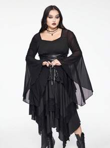 ROMWE Gothic Sheer Romantic Flared Sleeve Drawstring Design Slim Fit Plus Size T-Shirt - Black - View 2
