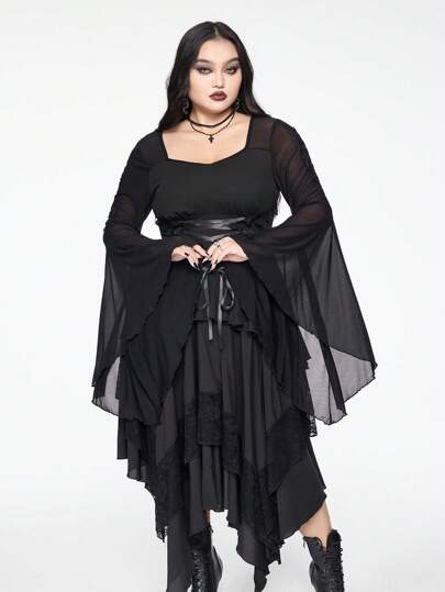 Goth Camiseta ajustada de talla grande con diseño de mangas acampanadas con cordón, estilo romántico y transparente gótico