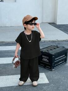 2pcs Kids Young Boys Casual Japanese And Korean Loose Casual Apricot Knit Floral Yarn Pit Stripe Loose T-Shirt Pants Two Pieces Set, Suitable For School, Sports, Vacation, Home And Outdoor, Suitable For Spring And Summer Seasons - Black - View 4