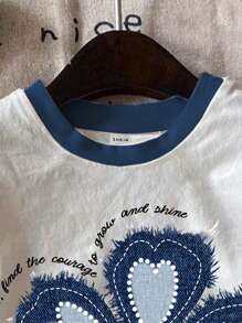 SHEIN 2 Stücke/Set Kleine Mädchen Lässig Blumen Muster Kurzarm Top & Shorts Set, geeignet für den Sommer