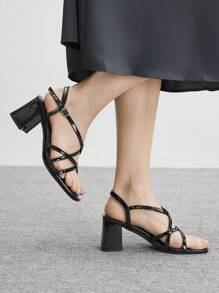 CUCCOO BIZCHIC 女士黑色方头粗高跟 6 厘米罗马系带凉鞋，适合正装、外出和度假 - 黑色 - 查看 5
