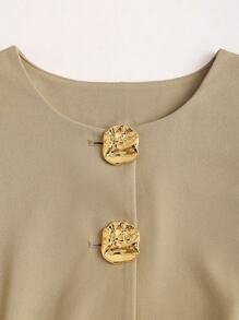 Sweetra French Minimalist Sleeveless Lightweight Women's Blazer Jacket With Metal Buttons - Khaki - View 3