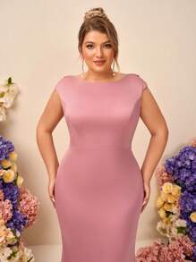 SHEIN Belle Plus Elegant Satin Dress With Faux Pearl Decor, Open Back Mermaid Hem Maxi Bridesmaid Gown