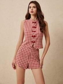 Poéselle Women 2 Pieces Set Sleeveless Vest And Mini Skirt, Casual Stylish Outfit For Summer, Cute Outfits For Women,New Chinese Style Top With Shorts Suit,Red And White Checkered Fabric Suit - Red - View 6