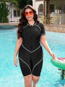 Plus Size Color Block Contrast Line Design Loose Casual Shorts, Sporty Surf Style - Black and White - View 4