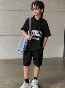 Tween Boy Casual Loose Korean Style Solid Color Letter Print Short Sleeve Polo Shirt With Drawstring Waist Shorts Set, Suitable For Spring/Summer Daily Wear, School, Travel And Sports