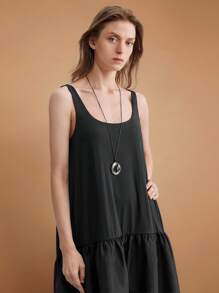 Ontre 2025 新款女式无袖拼布中长连衣裙，休闲都市风格，黑色同色系拼布全裙长裙，春季时尚 - 黑色 - 查看 5