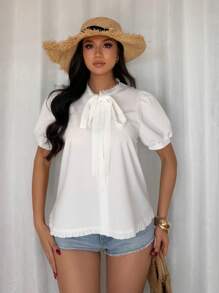 Chiquease Elegant Puff Sleeve Sweet Bowknot Solid Color Lace Trim Shirt, Spring/Summer - White - View 6