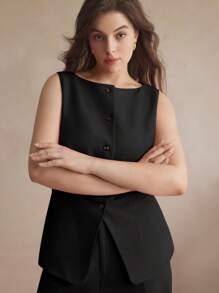 Maija 纯色两件套加大码西装套装，无袖背心和裤子，简约时尚，秋冬优雅办公室女士装 - 黑色 - 查看 6