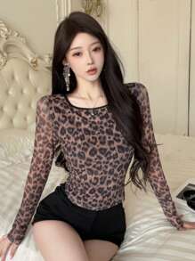 Modelyn Women's Leopard Print Mesh Strappy Back Long Sleeve Sexy T-Shirt - Coffee Brown - View 6