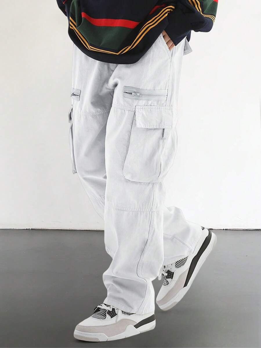 Manfinity Roghcode Men's Loose Fit Flap Pocket Side Cargo White Cargo Pants, Fall - White - View 1