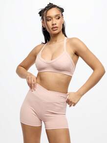 SUMWON WOMEN Compression Booty Shorts High Waist Cross Front Waistband Gym Running Workout Spandex Training Performance Shorts Perfect For Pilates Yoga Exercise - Pink - View 5