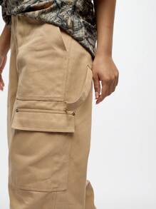 SUMWON WOMEN Carpenter Wide Leg Utility Trousers With Multiple Pockets Workwear Style Straight Cut High Waisted Fashion Statement Fall Winter Pants - Beige - View 6
