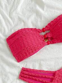 Soleia Solid Color Textured Hollow Out Bikini Set, Vacation & Beach