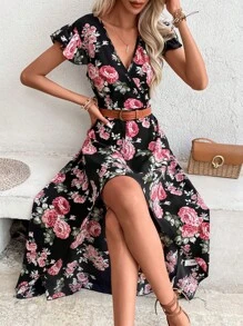 Breezaya Floral Print Butterfly Sleeve High Low Hem Dress Maxi Women Outfit - Black - View 1