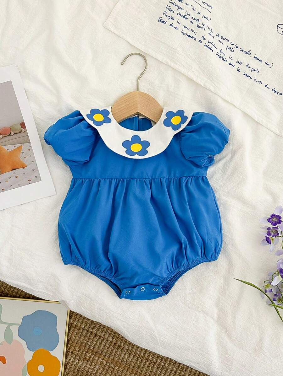 SHEIN Conjunto de body con estampado floral y contraste de colores para bebé niña, de verano - Azul - Ver 1