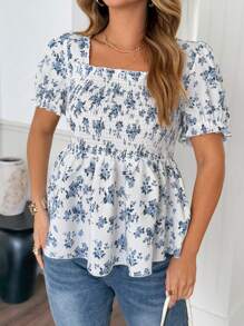 Flirla Plus Size Short Sleeve Square Collar Casual Shirt, Suitable For Summer - Blue and White - View 3