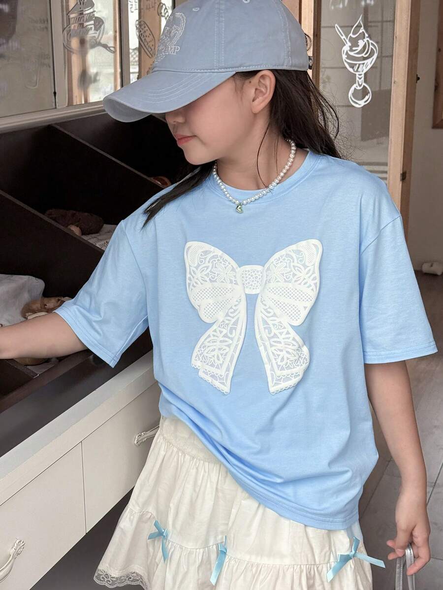 Dazy Kids 青少年女孩圆领短袖蝴蝶印花针织 T 恤,春夏季,返校服装 - 藍色 - 查看 1