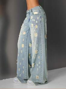 Jeanoix Jeans anchos y desgastados de mujer, estilo casual - Azul - Ver 3