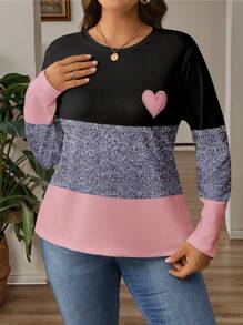 SHEIN LUNE Plus Size Women Colorblock Print Round Neck Long Sleeve Casual T-Shirt,Valentine Fall Cloth For Women