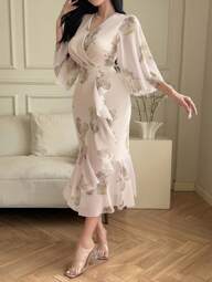 DAZY Vestido Midi Feminino com Decote em V, Estampa Floral, Babado e Mangas Sino, Vestido Longo de Manga Comprida para o Outono