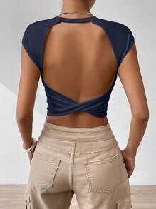 Firerie Twist Back Form-Fitting Short Sleeve T-Shirt, Simple & Fashionable, Suitable For Summer,Rave Top - Navy Blue - View 6