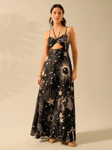 CAJUNI Váy dây mảnh in họa tiết ngôi sao mặt trăng nhiệt đới Boho cổ điển cho nữ, phong cách kỳ nghỉ - Nhiều màu - Xem 7