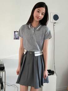 DAZY 2 件套女童撞色短袖上衣和百褶裙，女童夏季服装，返校服装 - 灰色 - 查看 4