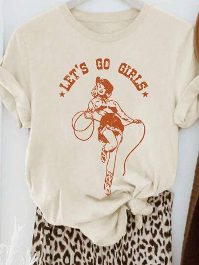 INAWLY Let's Go Girls Western Cowgirl Round Neck Short Sleeve Women T-Shirt With Prints