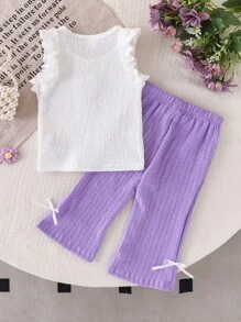 SHEIN Baby Girls Summer New Strawberry Print Sleeveless Top + Solid Color Flared Pants Set - Purple - View 2