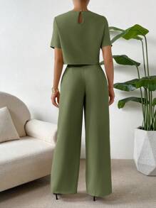 SHEIN Essnce Bộ 2 áo crop top màu trơn và quần dài cho nữ - xanh quân đội - Xem 2
