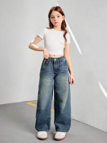 SHEIN Explorewe Streetcool Tween Girls Vintage Loose Wide Leg Jeans, Casual Straight Leg Denim Pants - Dark Wash - View 5