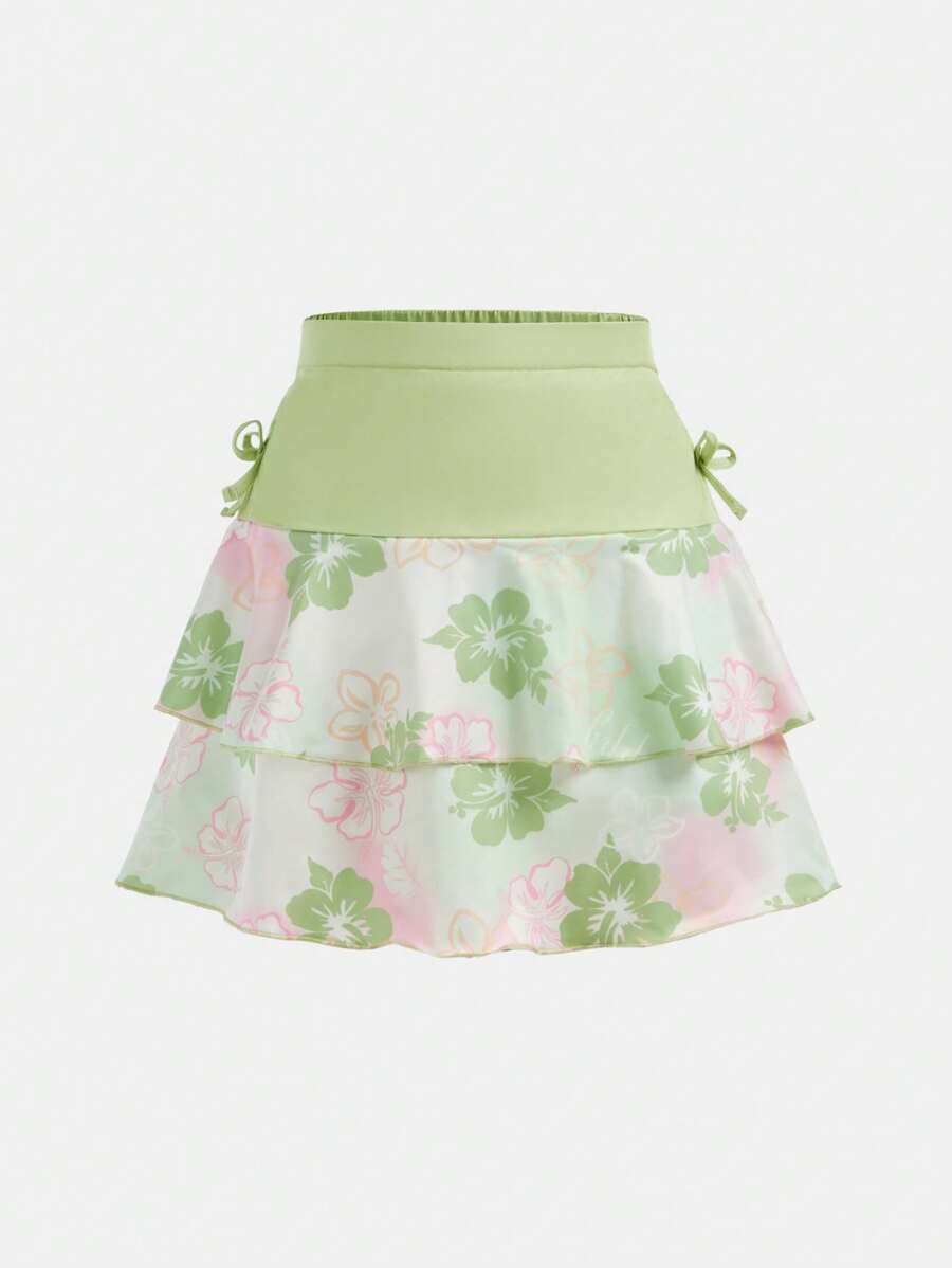 青少年女孩迷你超级裙带衬里短裤，多层蛋糕设计印花裙，甜美度假风格 - 綠色 - 查看 1