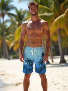 男士度假风格渐变色棕榈树印花梭织面料沙滩短裤 - 彩色 - 查看 1
