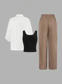 SHEIN LUNE 女士三件套黑白格子秋季套装，2024新款时尚别致防晒衬衫、修身西装外套、阔腿裤，夏季套装，休闲装 - 卡其色 - 查看 2