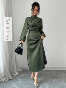 Elenzga Vestido de mujer elegante de satén brilloso con pliegues, cuello drapeado, manga larga y campana, para primavera y otoño