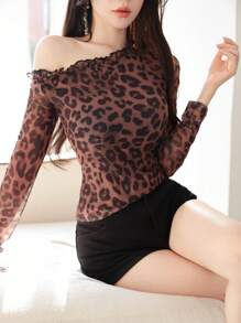 Modelyn 女士性感透明豹纹荷叶边不对称领口长袖衬衫 - 咖啡棕 - 查看 6
