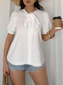 Chiquease Elegant Puff Sleeve Sweet Bowknot Solid Color Lace Trim Shirt, Spring/Summer - White - View 4