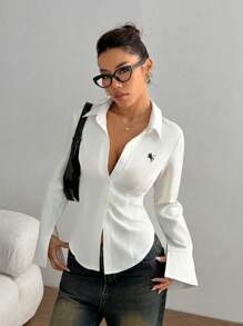 SHEIN PETITE 女士刺绣修身纽扣长袖休闲衬衫 - 白色 - 查看 5