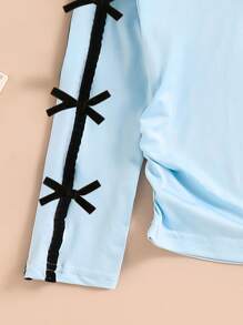 Girls Spring Fashionable Cute Butterfly Embroidered Long Sleeve Top With Decorative Ribbon Bow & Side Shirring - Blue - View 5