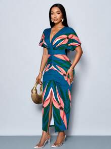 SOLERSUN 女士优雅印花 V 领开叉紧身派对连衣裙，春夏季假日装